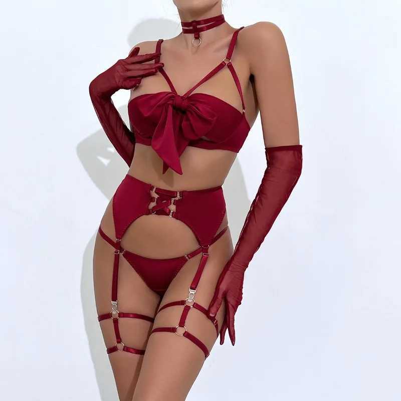 Sexy Lingerie Set Black Temptation Underwear Garter Bra Belt Glove Set Hollowed Out 5Pcs Set Club Sex Suits R250520