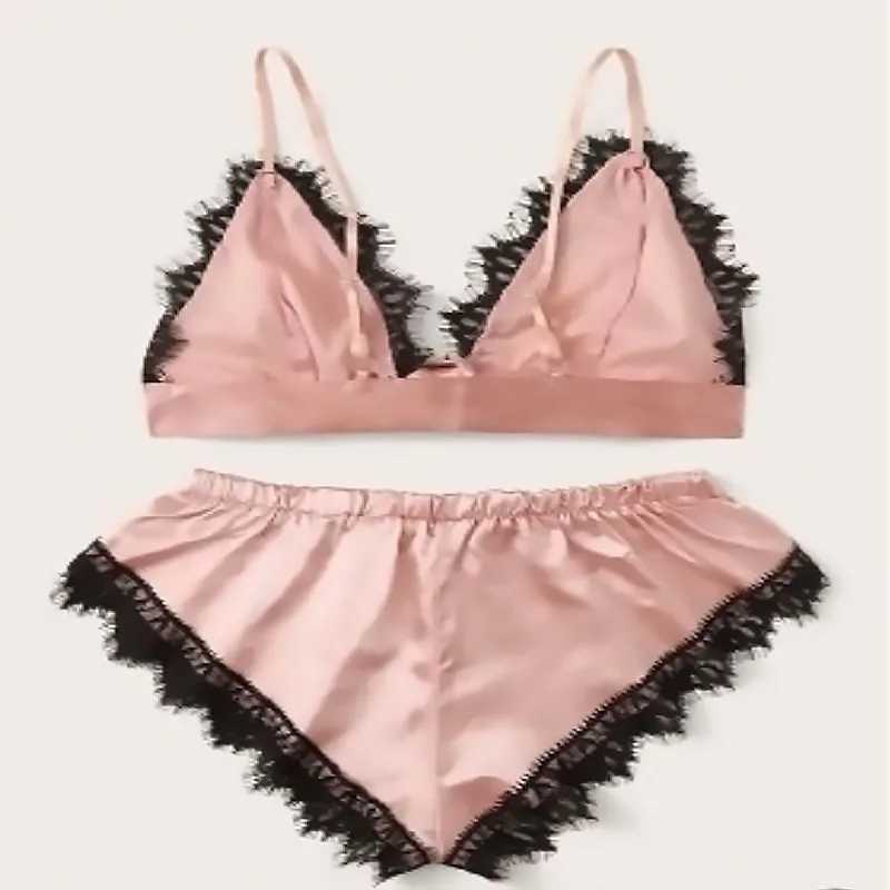 Sexy Lingerie Suit for Women Knot Lace Up Lace Patchwork Sexy Contrast Color 2-piece Pajamas Set Sexy Underwear New R250520