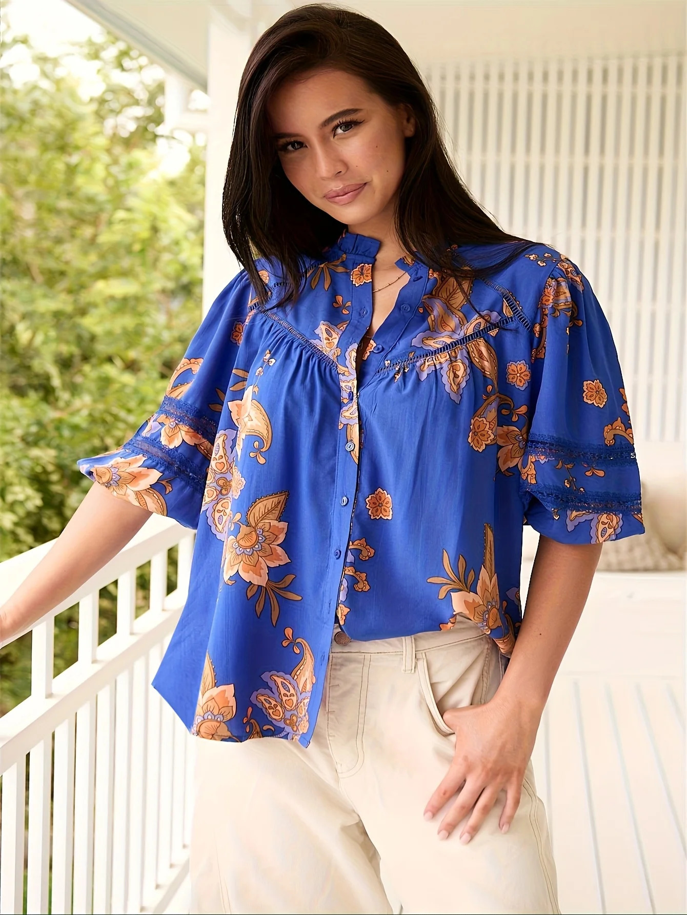 Plus Size Womens Elegant Loose Flared Half Sleeve Shirt Vivid Blue Floral Print Ruffle Cuffs Perfect for Beach Casual Wear 250514