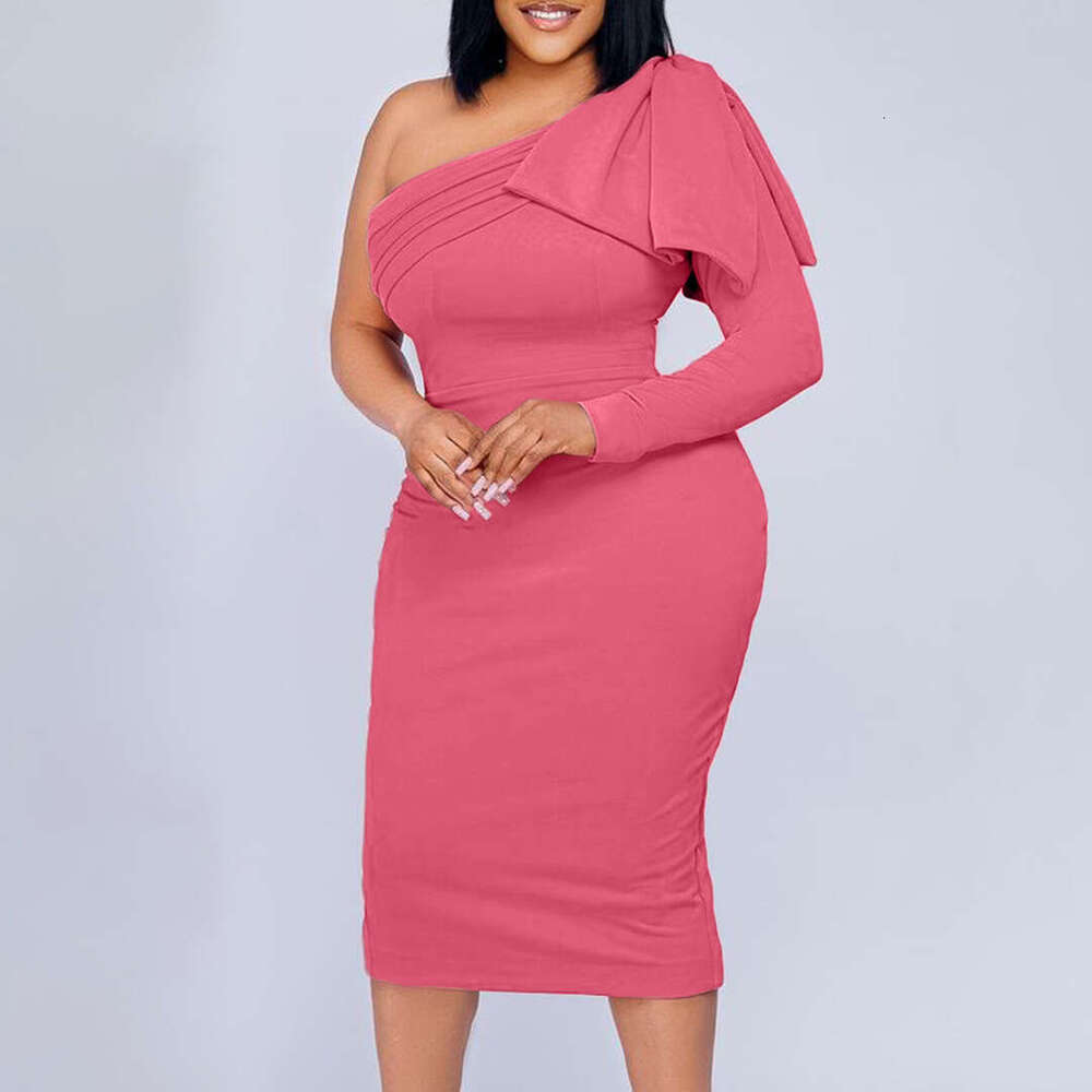 Women's Wear Large Women's New Slant Neck Solid Color Fashion Wrap Hip Sexy Dress
