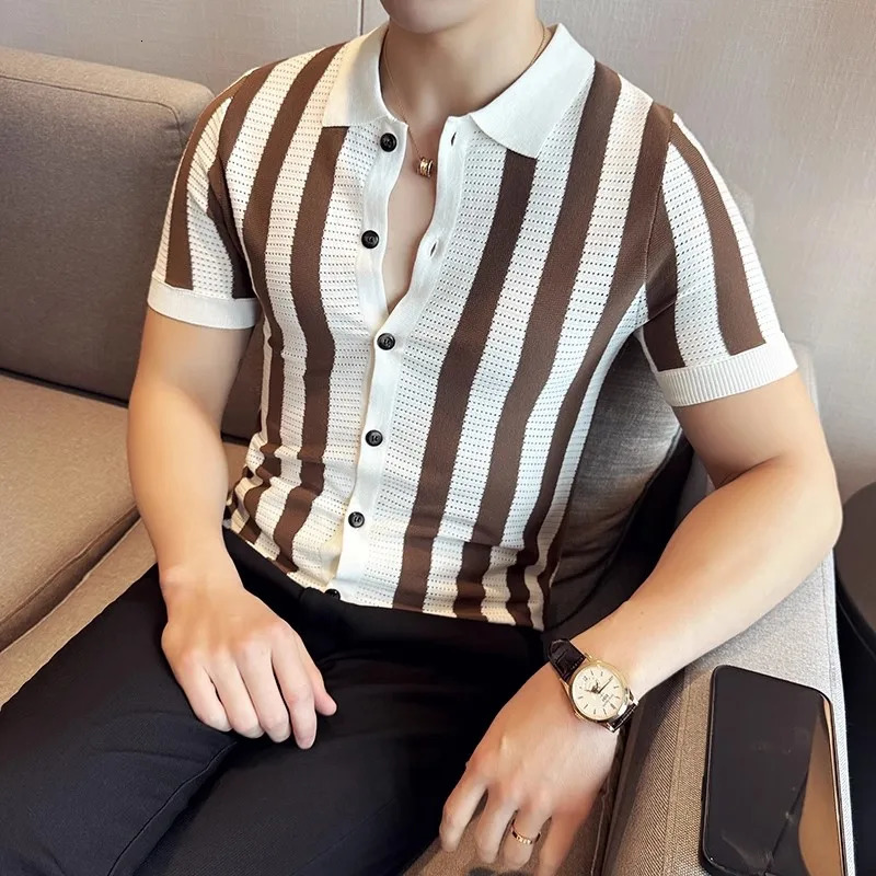 Summer Mens Striped Knit Shirts Lightweight Slim Fit Breathable Casual Shirt Men Turn Down Collar Short Sleeve Knitted Tops 250520