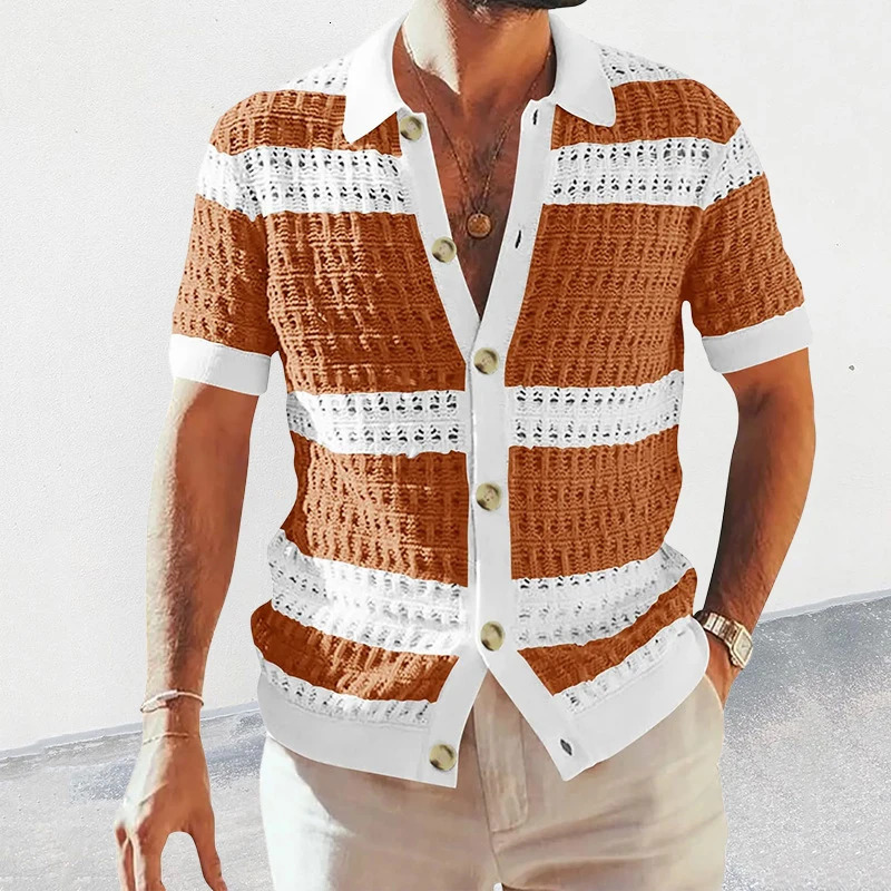 Seaside Beach Casual Shirts Mens Spring Summer Fashion Striped Knitting Cardigan Tops For Men Vintage Buttoned Lapel Shirt 250520