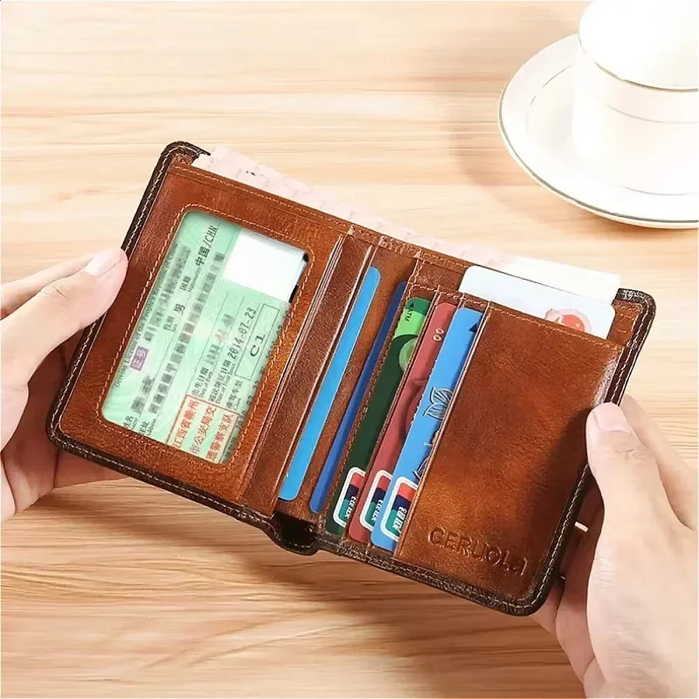 Men Wallet Genuine Leather Rfid Blocking Trifold Wallet Vintage Thin Short Multi Function ID Credit Card Holder Male Purse Money 250516