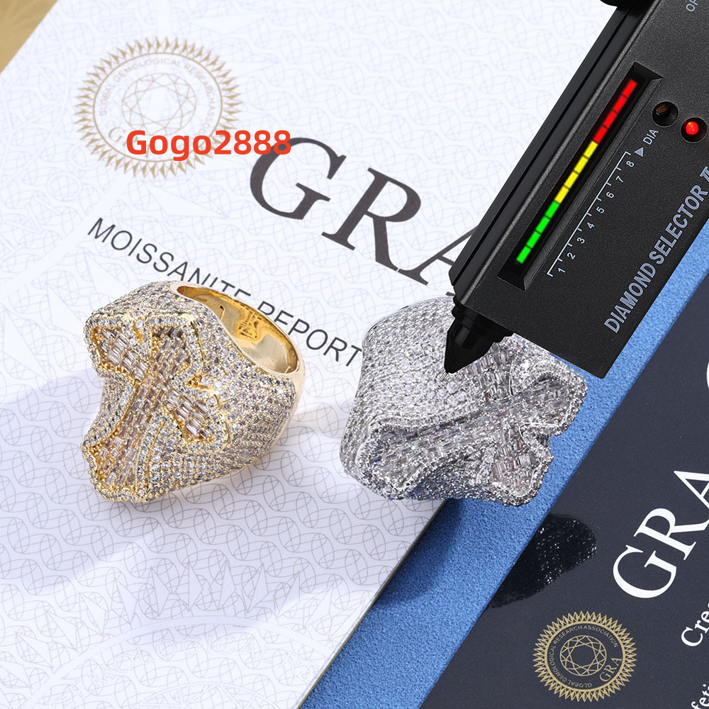 New Arrival Hip Hop Jewelry 925 Silver Gold Plated Cross Fully Iced Out Vvs baguette Moissanite Cuban Ring for Men