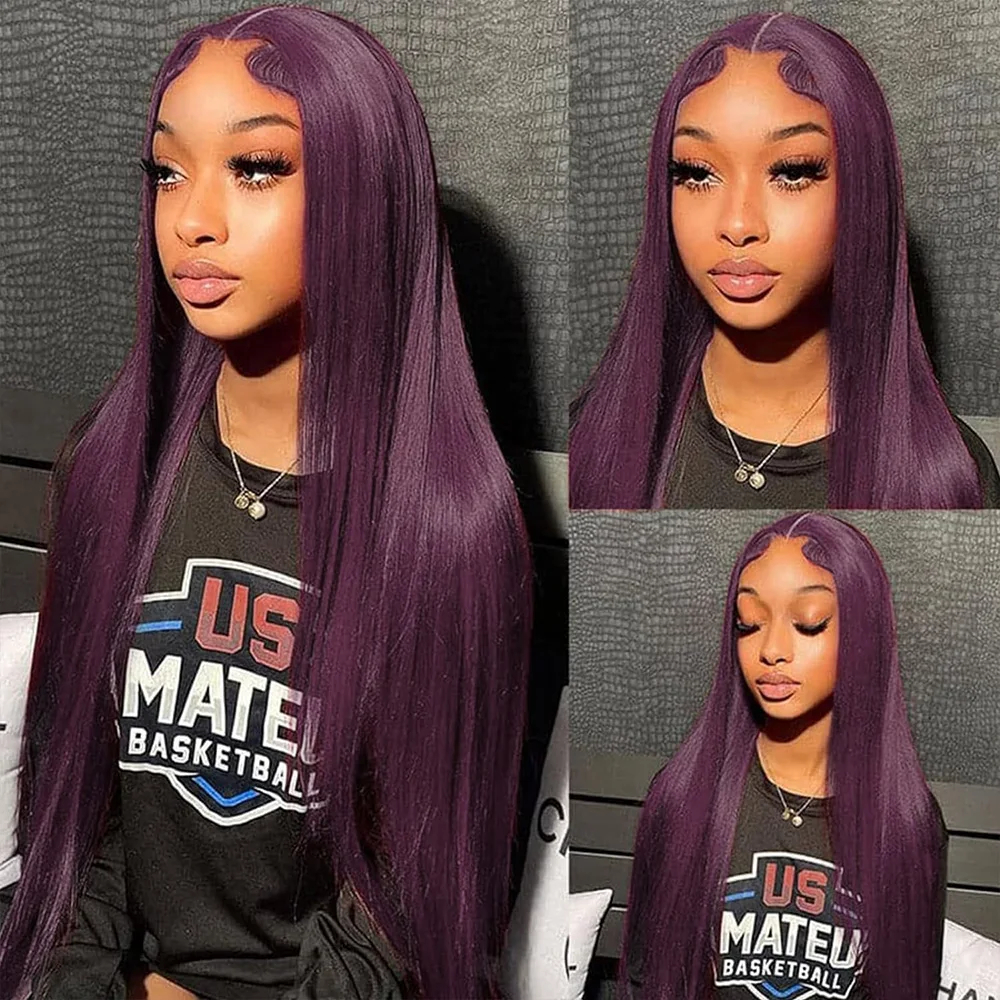 180 Density Brazilian Wig Simulation Human Hair Black Purple Colored 34 Inches Glueless Bone Straight 13x4 HD Transparent Straight Lace Front Wigs For