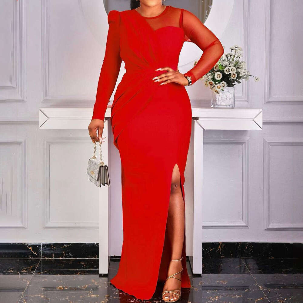 Women's Wear Mesh Splicing Solid Color Oversized Fashionable Slit Long Dress, Dress
