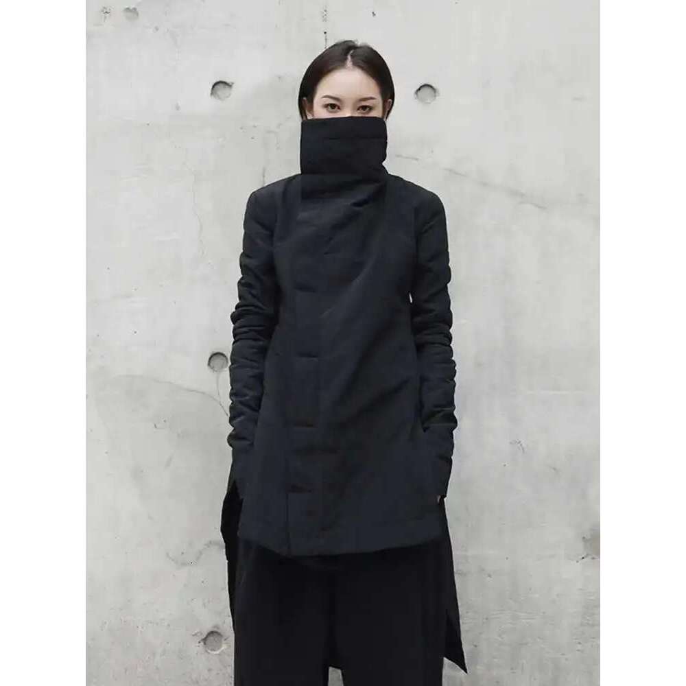 EAM 2024 New Fashion Winter Stand Collar Irregular Long Type Cotton-Padded Clothes Loose Coat Black Jacket Woman Ya771 Designer