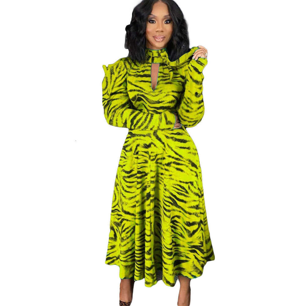 Women's Wear Women's Autumn And Winter Temperament Commuting Long Sleeved High Waist Hem Printed Large Size Dress