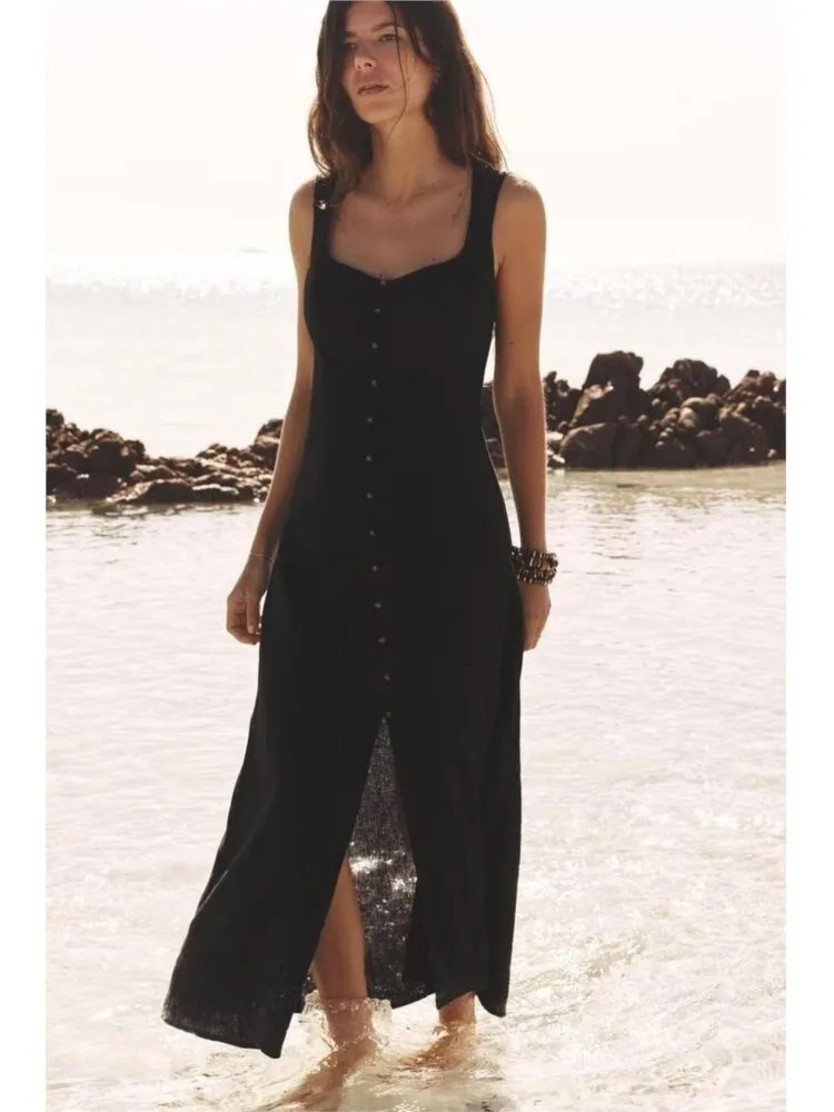 TRAF Simple Women Dress Sleeveless Lady Square Neck Womens Casual Midi With Button Side Zipper Female 250520