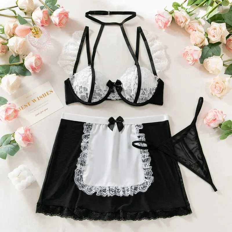 Sexy Lingerie Lace Contrast Color Bra Set for Women Sexy Halter Mesh See-through Slim Uniform Underwear Set New R250520