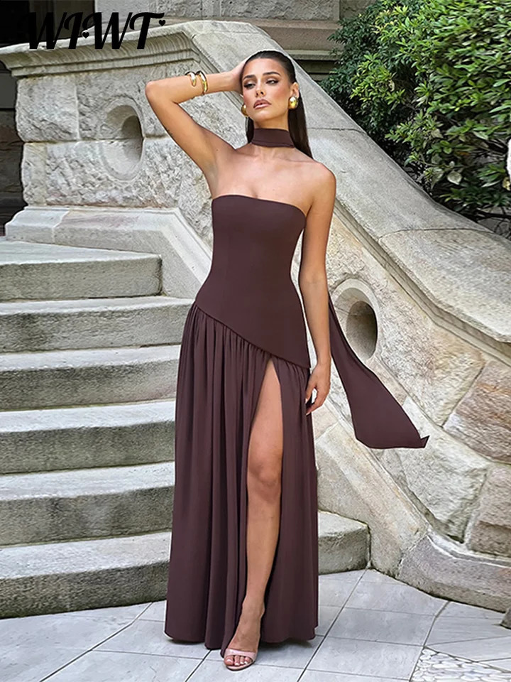 Fashion Patchwork Split Strapless Dress Womens Elegant Sleeveless Backless Long Dress 2025 Summer Lady Evening Party Robes 250519