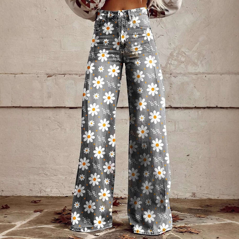 2025 High-Waisted Wide-Leg Printed Jeans for Women - Stretchy Casual Fashion