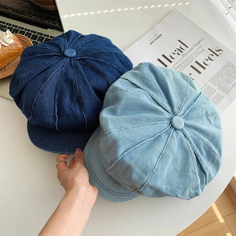 Japanese Niche Striped Retro Washed Denim Berets Cap for Women Spring Summer Literary Versatile Cloud Octagonal Hats 250520