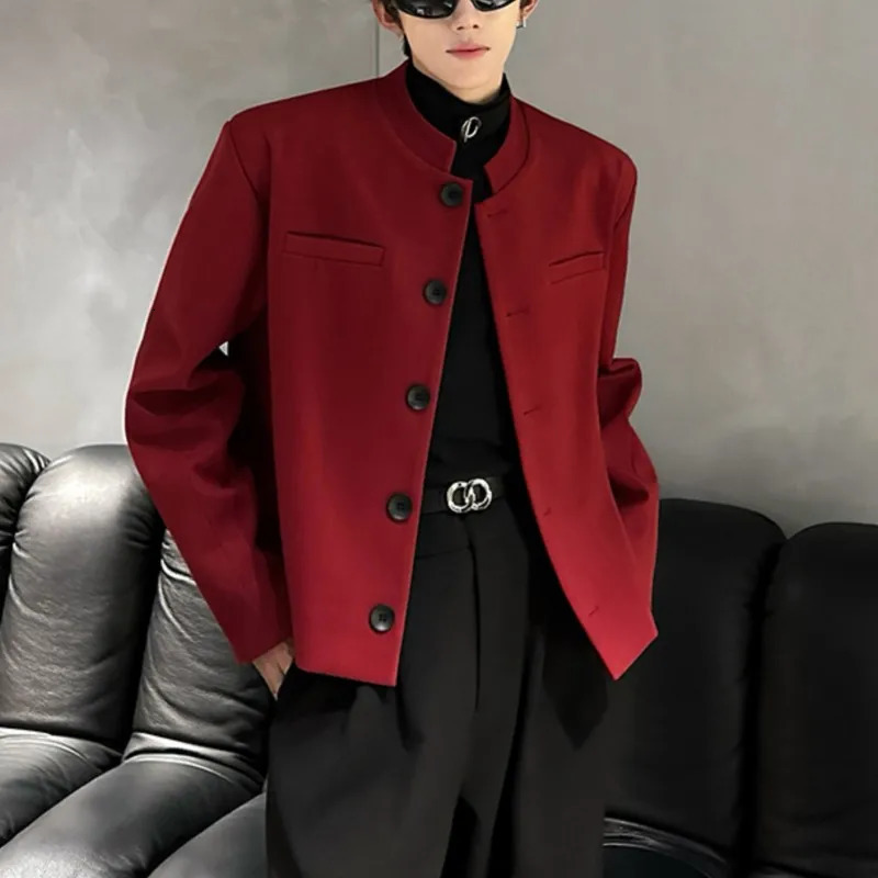 Wine Red Blazers Men Suit Jackets Casual Stand Collar Solid Color Male Short Coats Korean Trendy Mens Clothing Autumn 250520