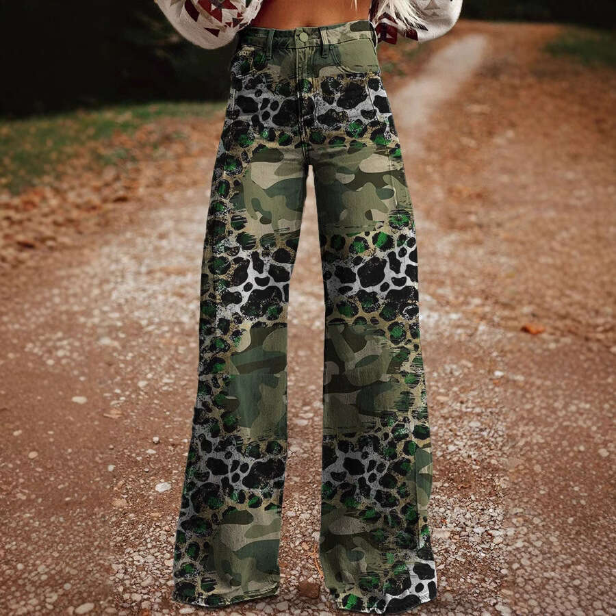High-Waisted Wide-Leg Printed Stretch Jeans - Women's Casual Fashion Staple