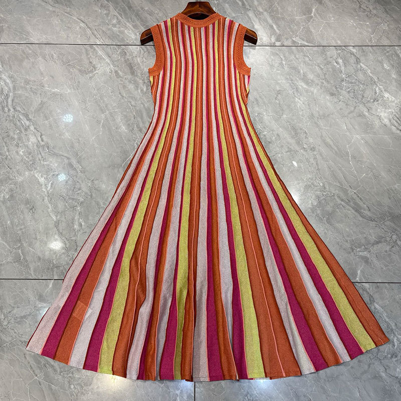 Summer New Women's Round Neck Striped Sleeveless Dress Elegant Knit Design Calf-Length Pleated Vest Dresses Fashion Classic Luxury Bright Silk Cl