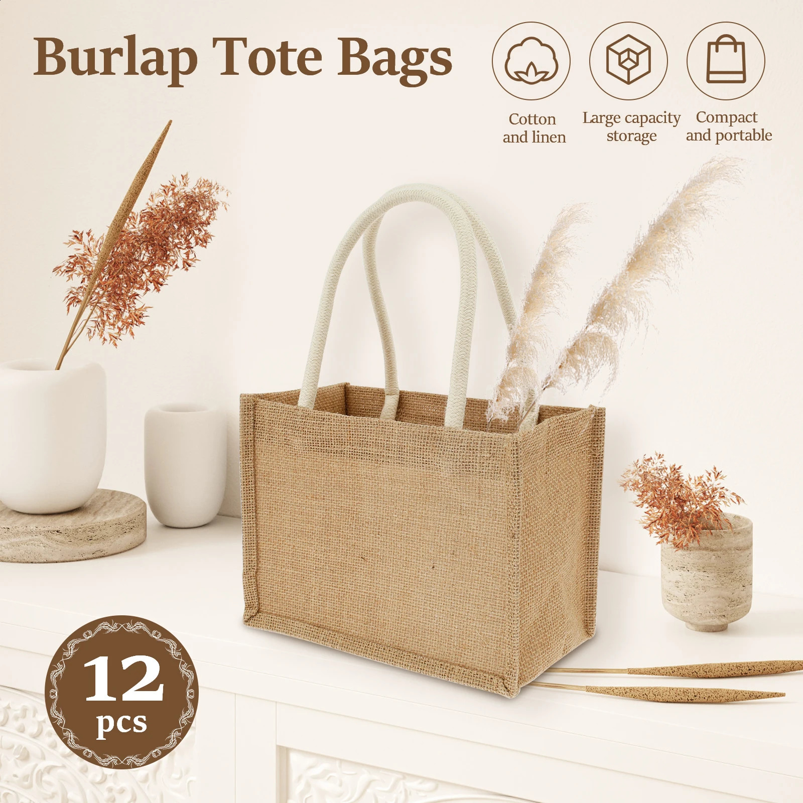 12/4PCS Burlap Tote Bags Mini Burlap Beach Bags with Handles Portable Jute Tote Bag Reusable Burlap Gift Bag Multipurpose Burlap 250516