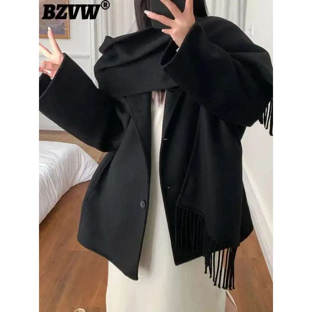 BZVW Tassel Scarf Collar Wool Blended Striped Coat With Pocket Women's Elegant Woolen Clothes 2025 Autumn Winter New 2Da9803