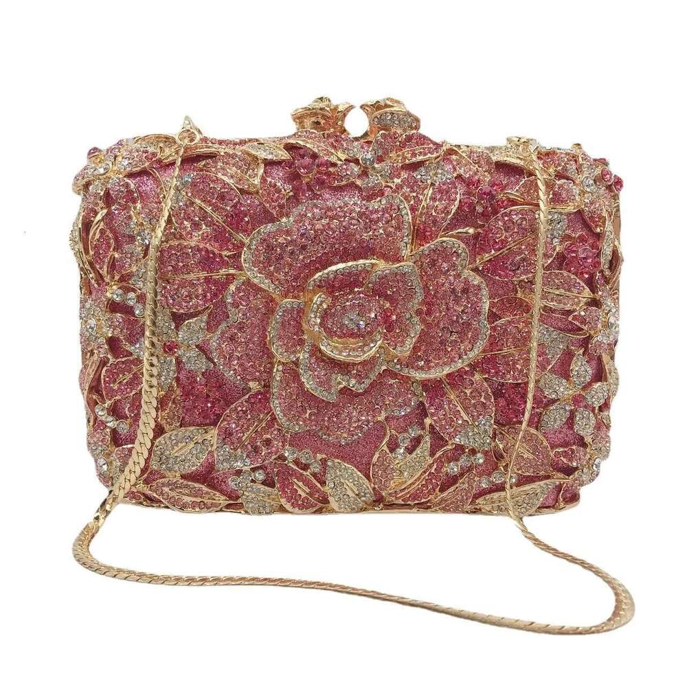 Rose Gold Rhinestone Flower Clutch Purse Crystal Designer Women's Dinner Party Handbags Unique Dia Wedding Evening Ba