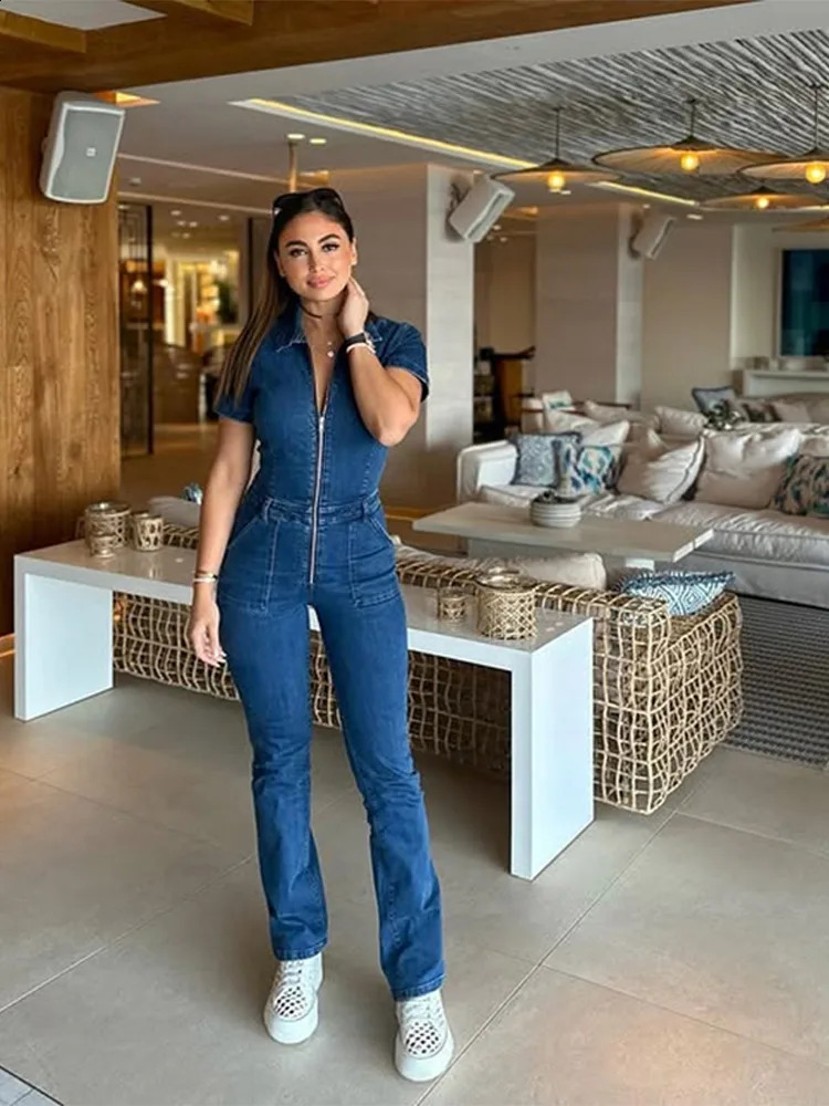 Women Slim Cinching Denim Jumpsuit Lapel Zipper Short Sleeves High Waist Straight Wide Leg Jeans Jumpsuit Summer High Street 250519