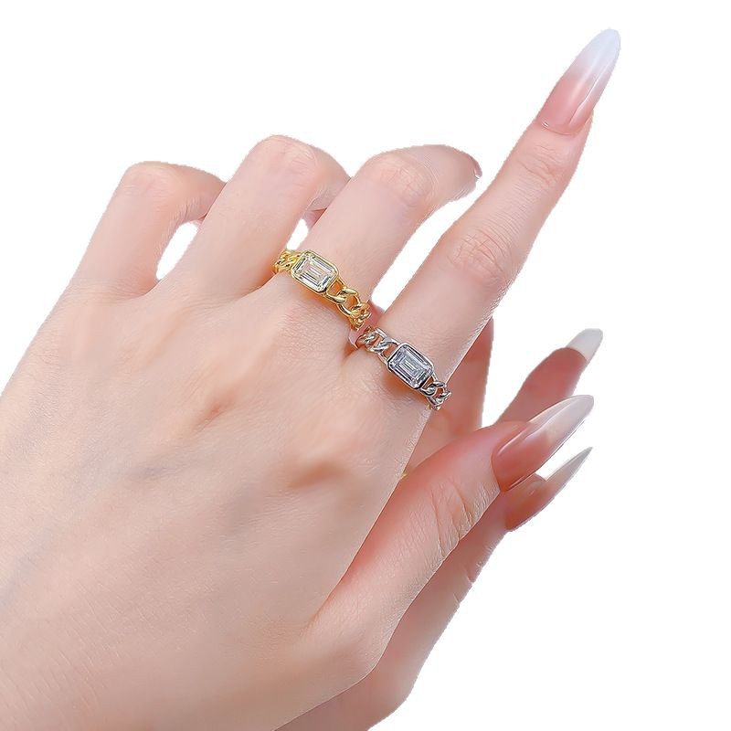 S925 Sterling Silver 5x7 Rectangular Cubic Zirconia Cuban Link Chain Gold Ring, Unique Hollow Design