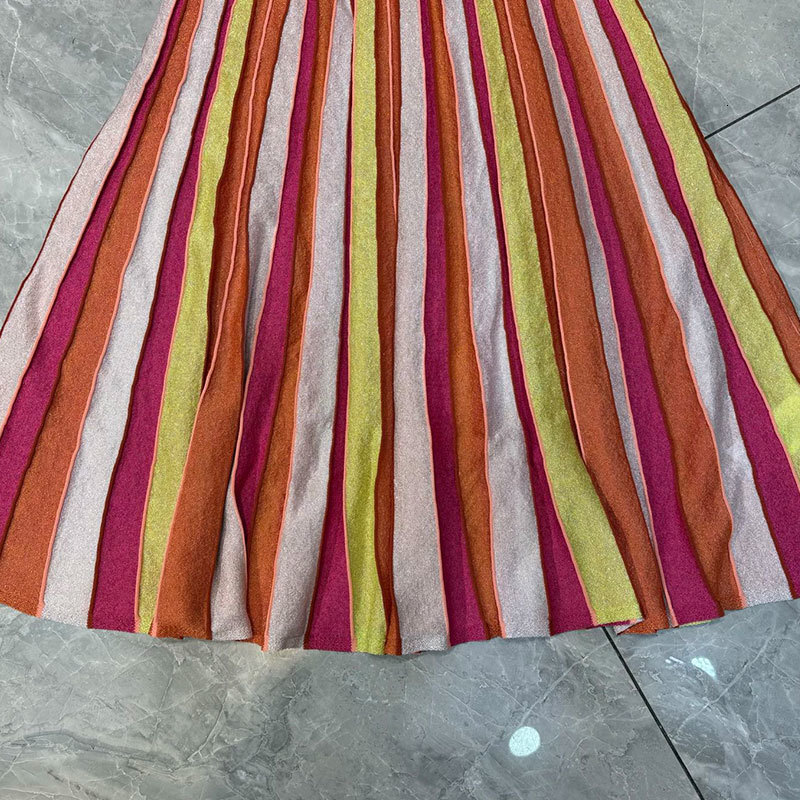 Summer New Women's Round Neck Striped Sleeveless Dress Elegant Knit Design Calf-Length Pleated Vest Dresses Fashion Classic Luxury Bright Silk Cl
