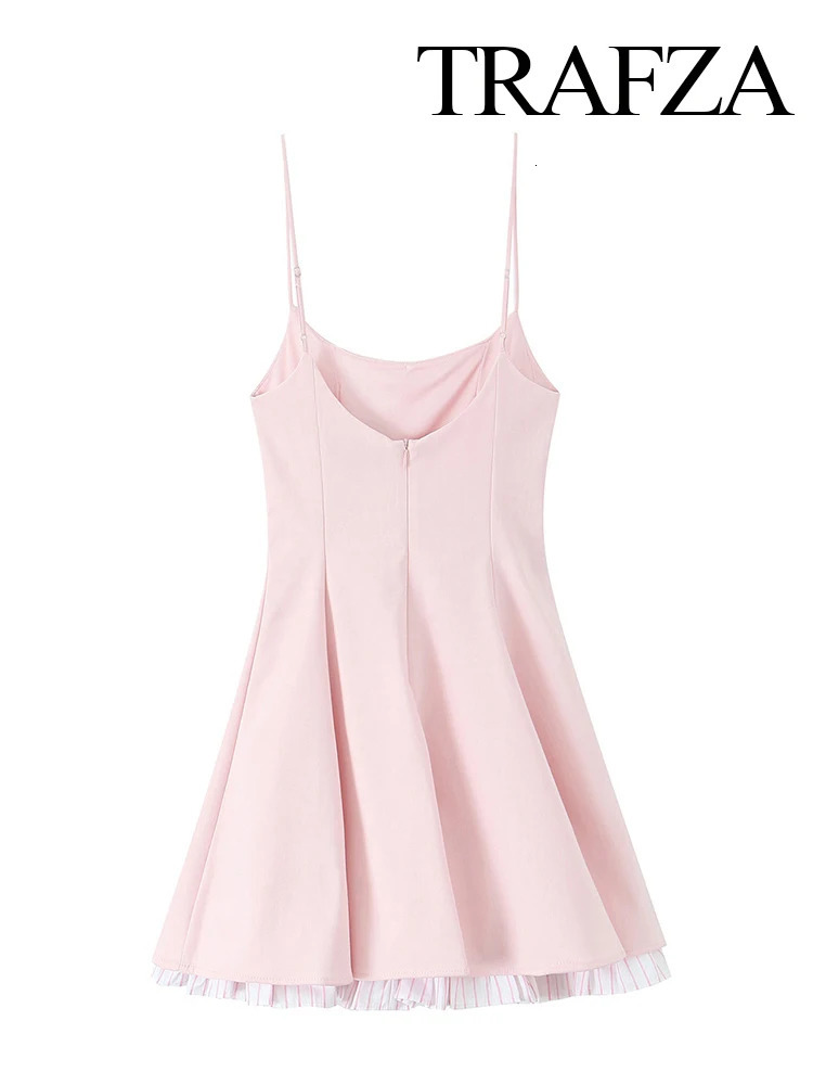 TRAFZA Womens Summer Sweet Round Neck Pink Striped Short Sling Dress Female Elegant Pleated Sexy Slim Mini Sleeveless 250520