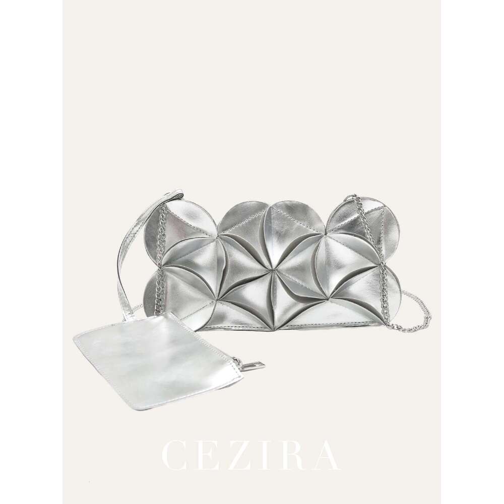 CEZIRA Metallic PU Leather Women Fashion Phone Petal Patchwork Shoulder Crossbody Bag Coin Purse Square Chic Chain Party Y2K