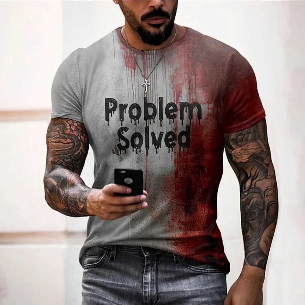 Mens T Shirts Problem Solved Bloody Print Tees Fashion Horrible Halloween Short Sleeve Casual Round Neck Oversized T-shirt TopsXJ250520