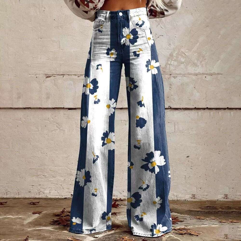 Trendy Printed Stretch High-Waisted Wide-Leg Jeans - Perfect for Women's Casual Outfits