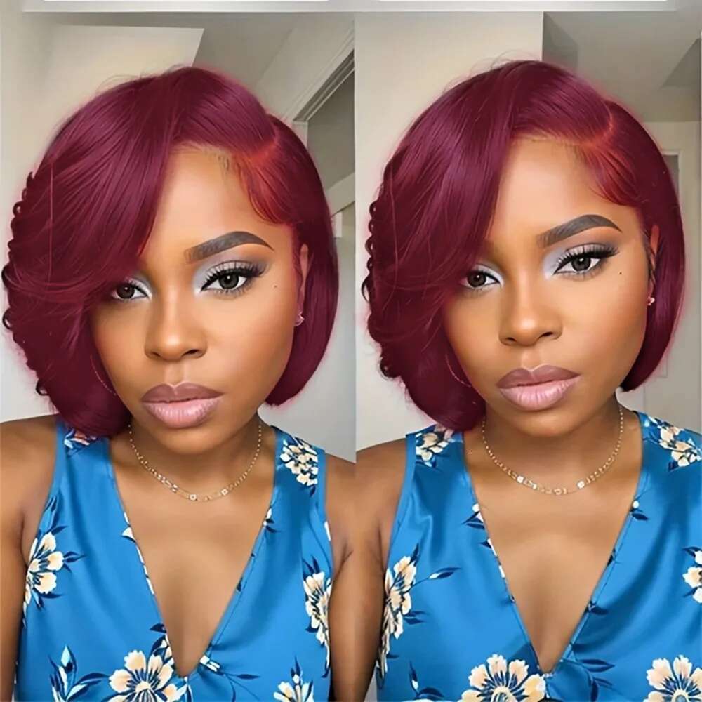 13x4 frontal lace daily party use remy 150% density 8inch 99 brown black color short straight pixie cut human hair wig
