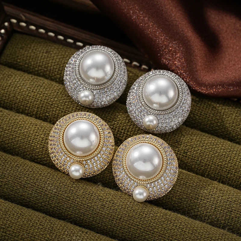 SENYU Charm Buttons Stud Earrings Paved Cubic Zircon with Pearl for Dubai Party Jewelry Indian Bridal Earring 250517