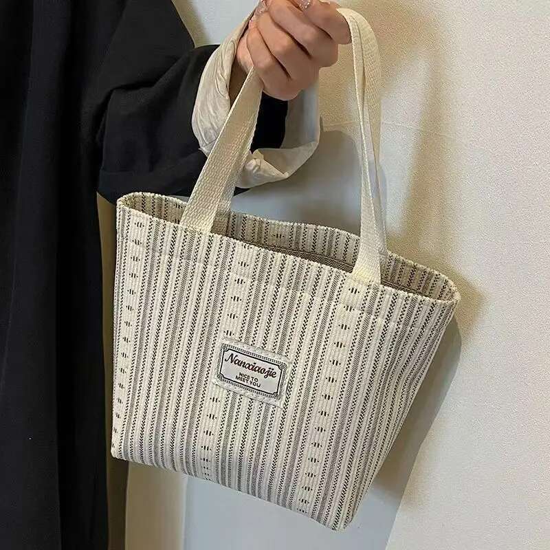 ins Japanese 2024 canvas fashion striped hand carry shoulder women's class tote commuter bag