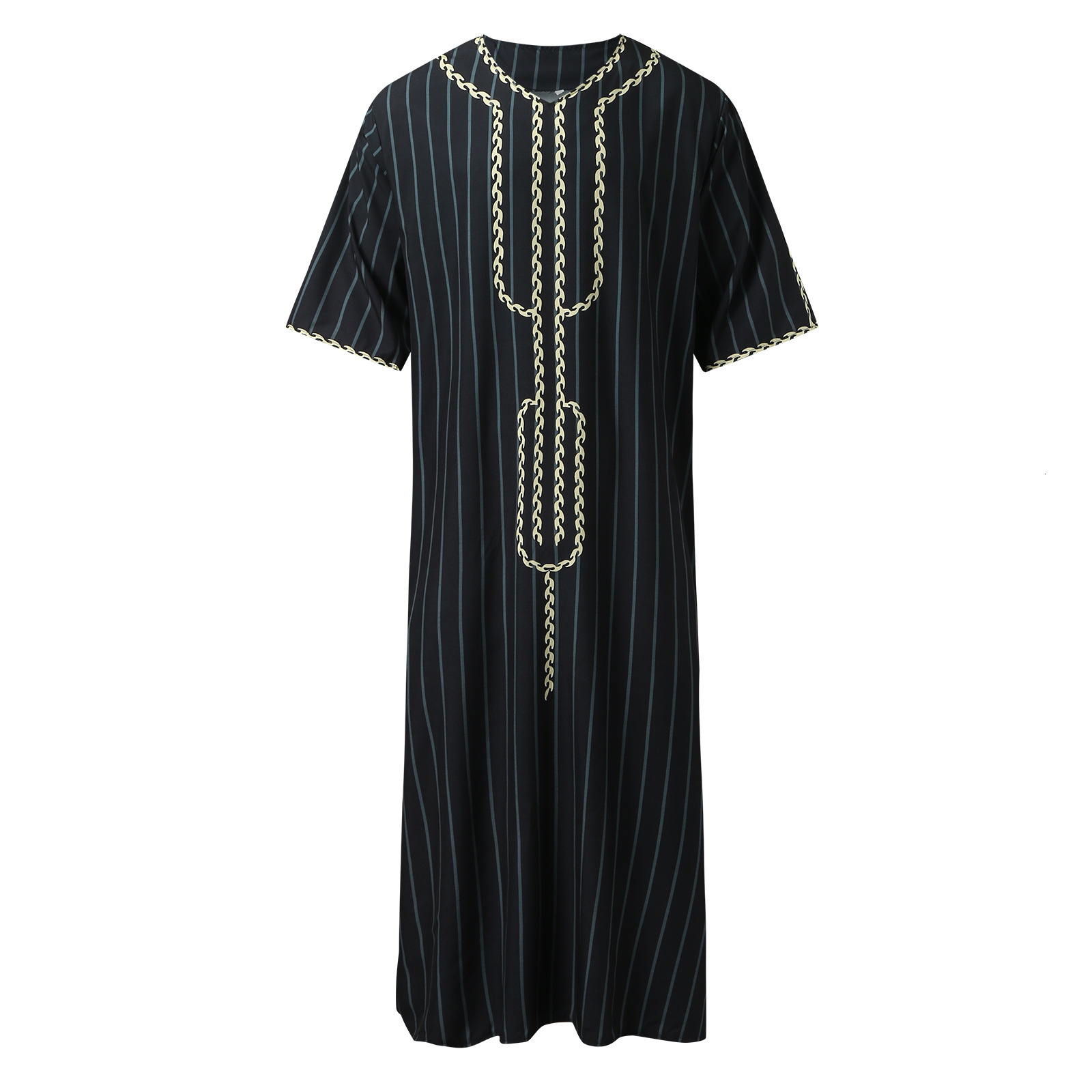Designer Clothing Summer Arabian Robe Loose V-neck Short Sleeved Printed Men's Muslim Clothing 2025 New Style