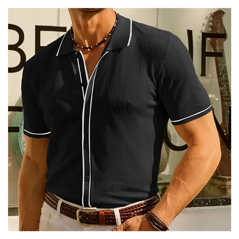 Summer Ice Silk Men Hollow Polo Shirt Breathable Soft Knit Top Mens Shortsleeved Tee Fashion Color Contrast 250520