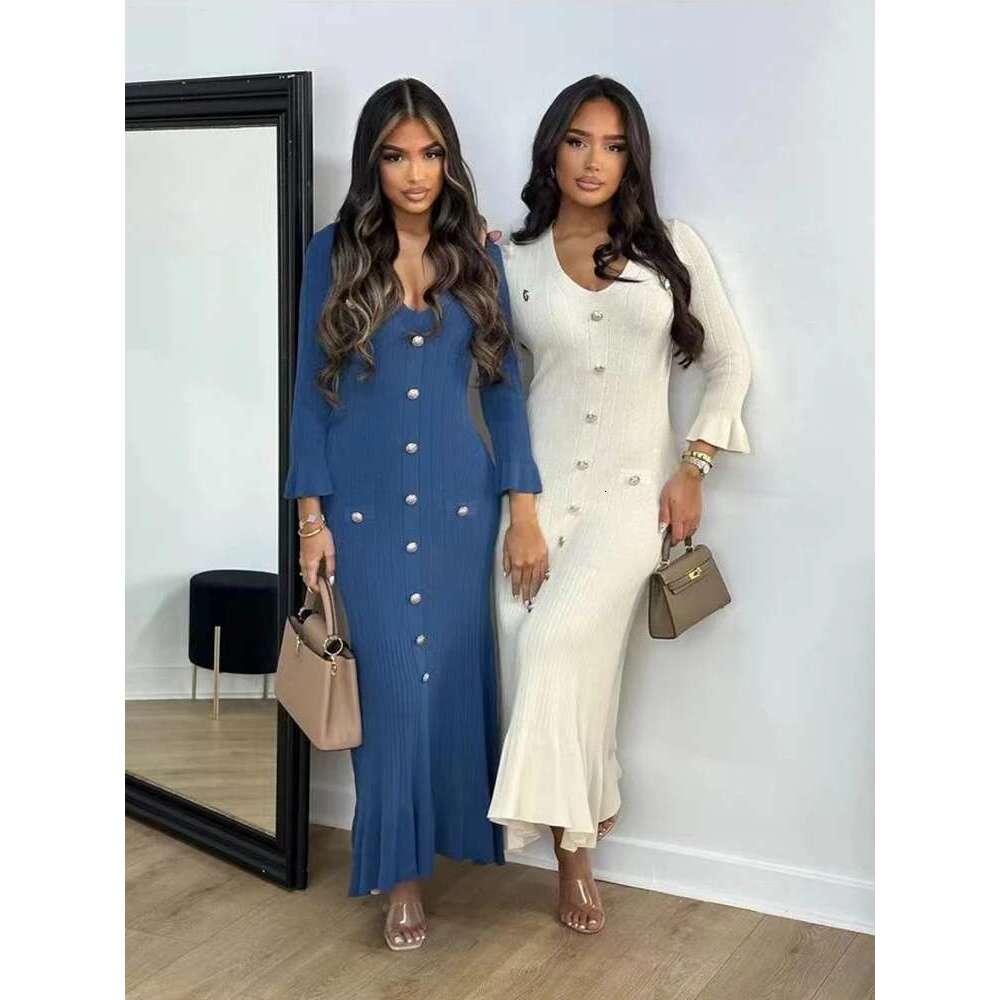 Elegant Knitted Long Dress Women Flare Sleee V Neck Ruffles Single Breasted Bodycon Dresses Party Fashion Office Lady Vestidos Designer