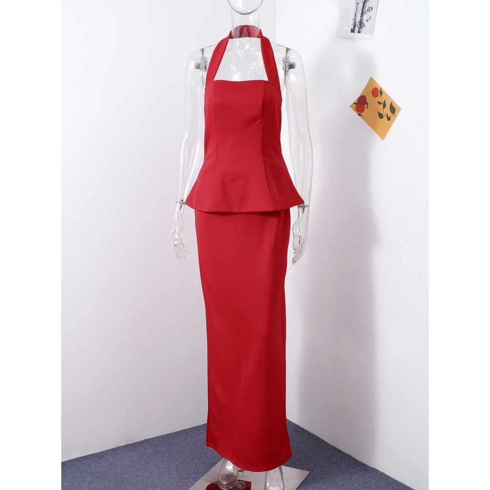 Elegant Halter Top Skirts Set Women Solid Backless Sleeveless Crop Tops Split Long Skirt 2025 Spring Summer New Ladies Outfits