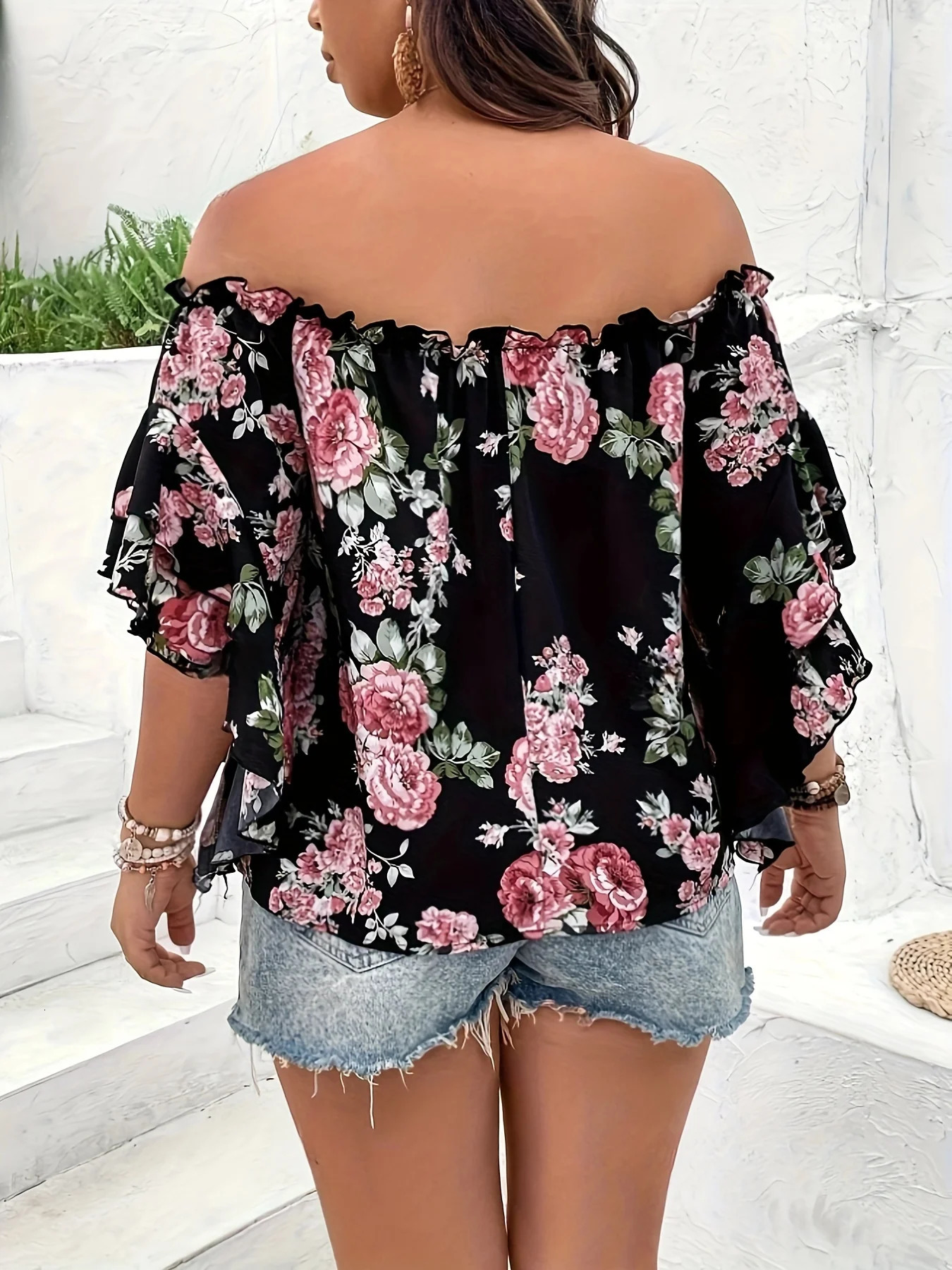 Plus Size Summer Women Elegant Chiffon Shirt Floral Print Off the Shoulder Tops Ruffle Sleeve Curve Clothing 250514
