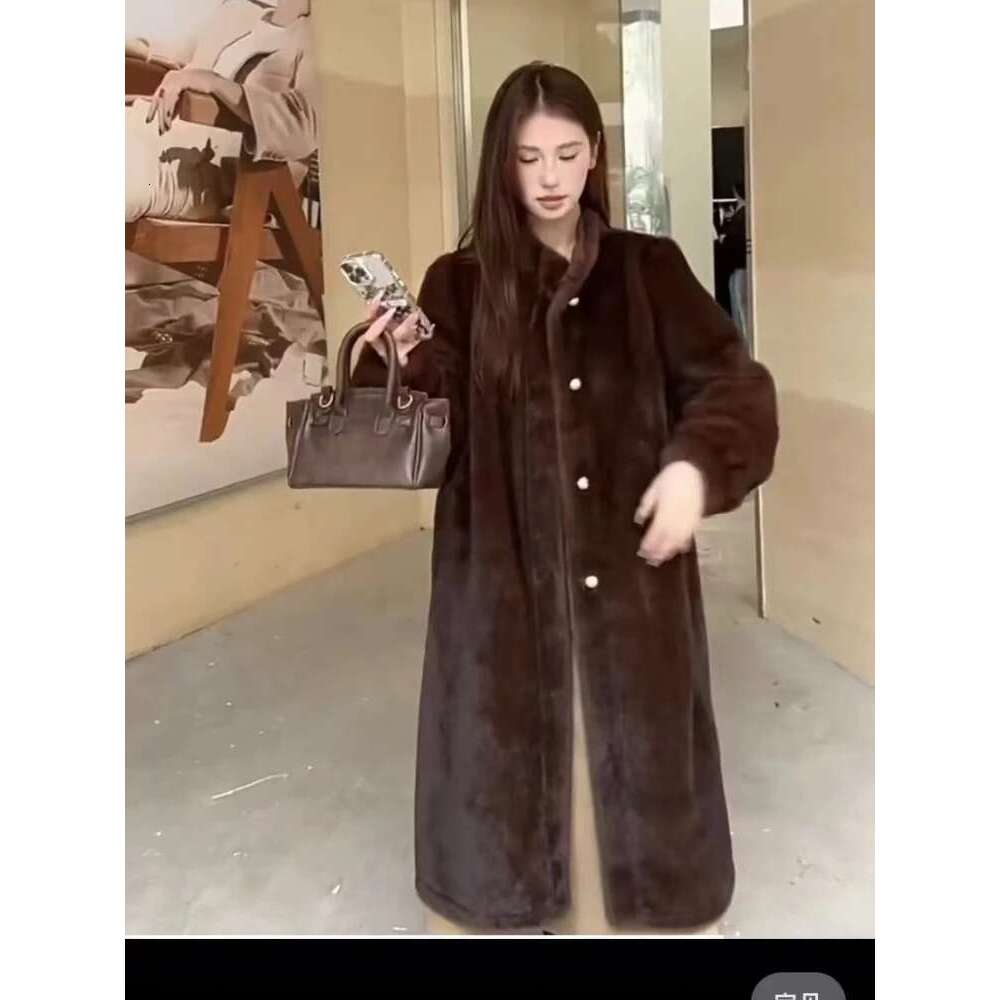 Chinese Style Vintage Lady Elegant Mink Coat X-long Turtleneck Women's Faux Fur Outwear Female Double-breasted Jacket