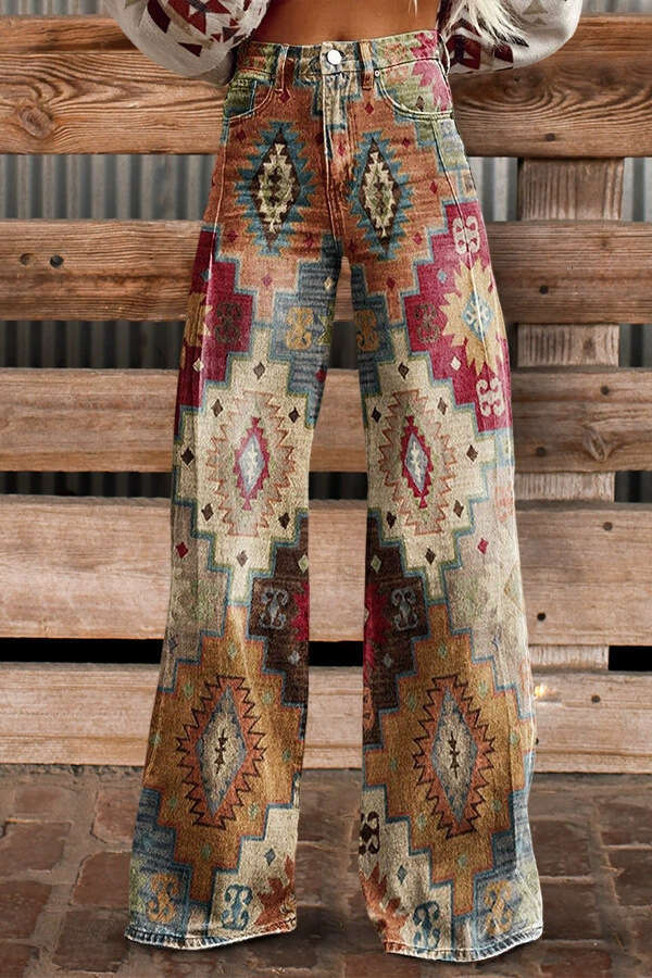 High-Waisted Wide-Leg Printed Stretch Jeans - Women's Casual Fashion Staple