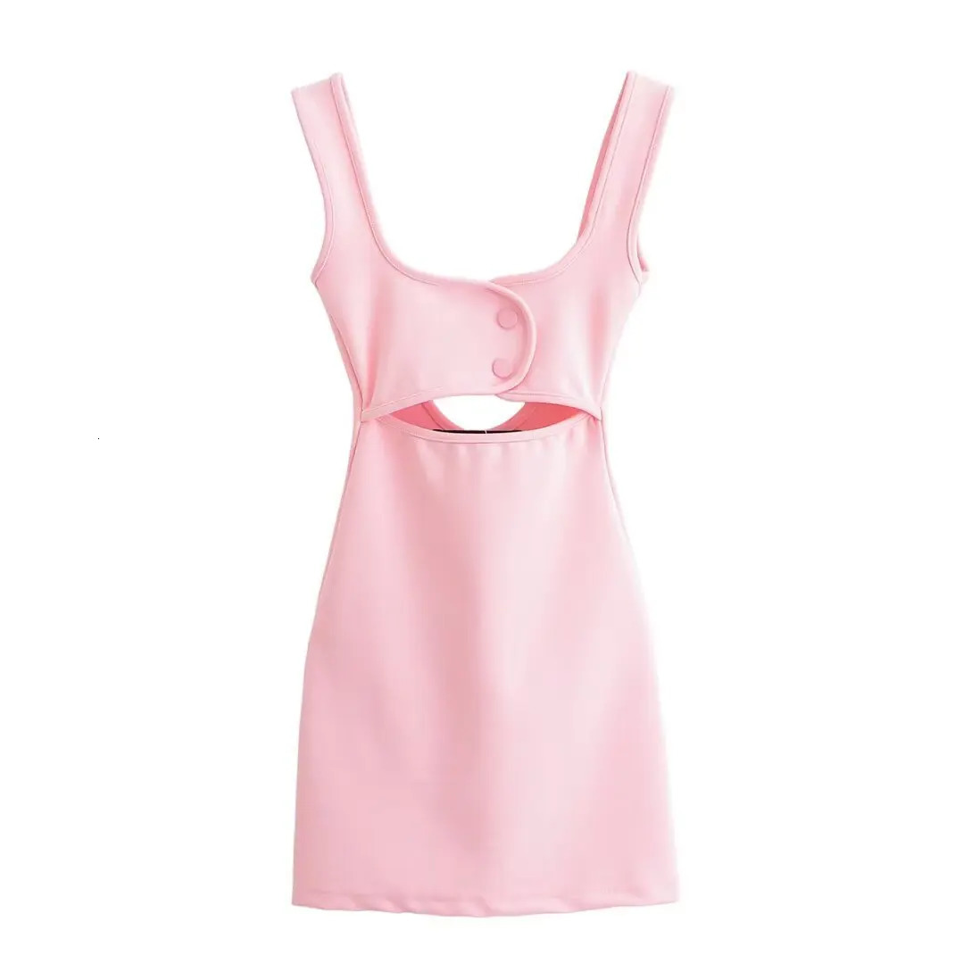 ZBZA Womens Elastic Hollow Dress Square Neck Sleeveless Sling Backless Mini Skirt Spring and Summer Casual Chic Short 250520