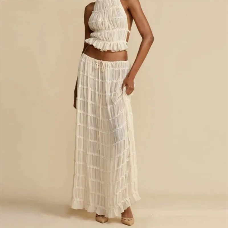 Sexy Backless Halter Strappy Pleated Lace Vest Long Skirt Suit For Women Fashion Dress Sets Solid Summer Beach Party Outfits 250520