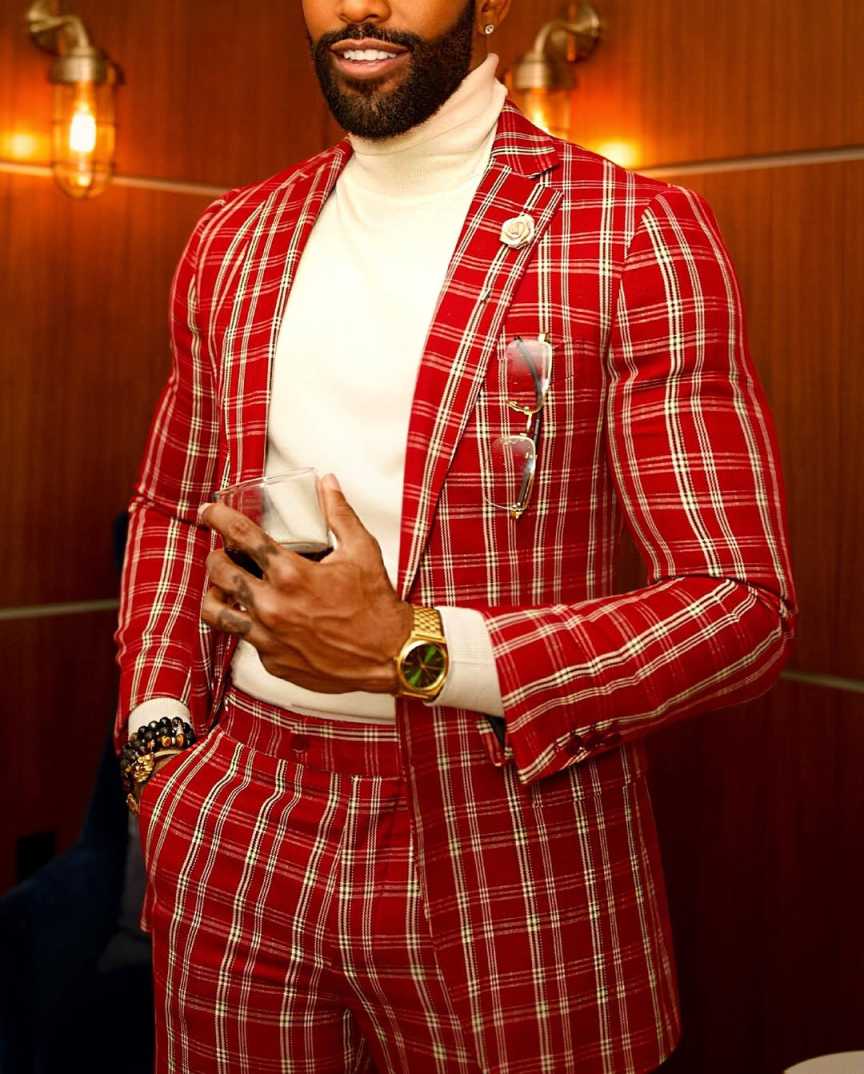Classic Fit Check Wedding Tuxedos 2 Piece Set Jacket Pants Notched Lapel Men Suit Red Groom Wear Party Suits Customized