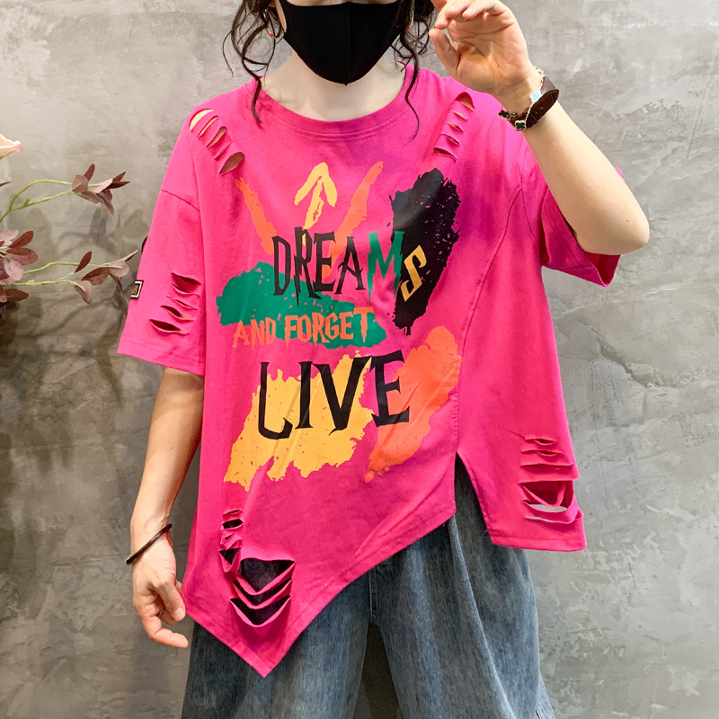 Designer Clothing Plus Size Women's Ripped Top Fashionable Loose Casual Letter Graffiti Short Sleeved T-shirt For Women 2025 New Style