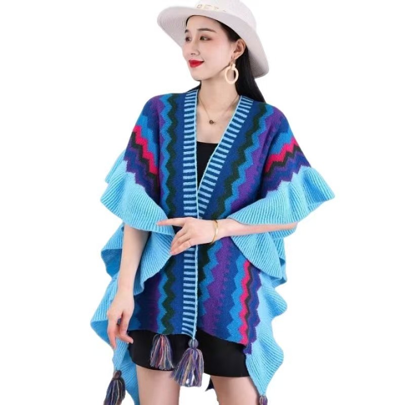 K778 Retro ethnic style shawl for women, new style, versatile knitted wood ear fringe cape, Yunnan travel wear, tassel large scarf
