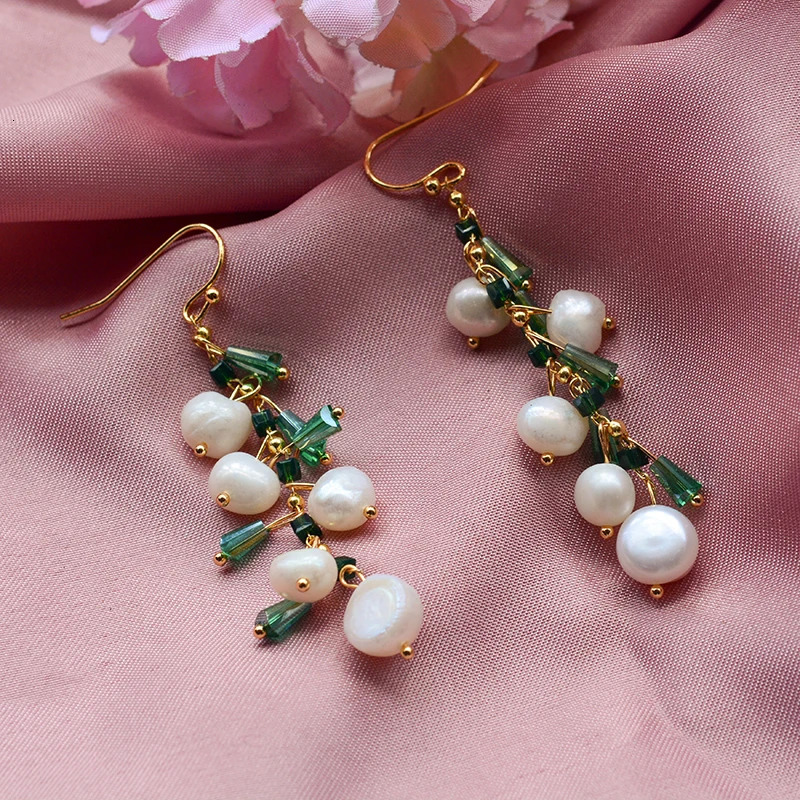 Arrival Trendy Green Crystal Natural Freshwater Pearl 14K Gold Filled Female Tassels Drop Earrings Jewelry For Women Gifts 250517