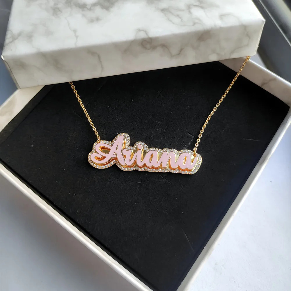 DUOYING Custom Enamel Name Necklace With Rhinestone Gold Plated Double Pendant Enamel Necklace For Women Jewelry Christmas Gift 250520