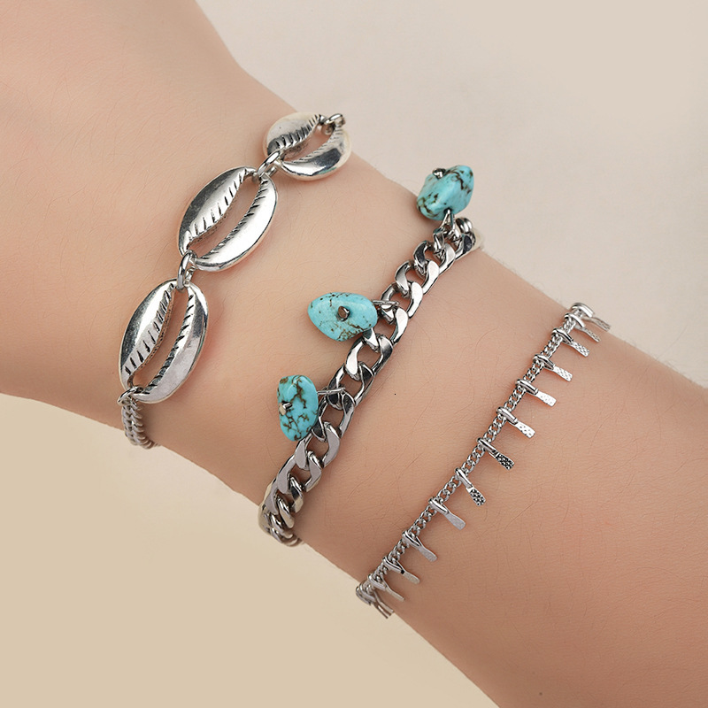 Alloy shell turquoise pendant design with hollow out alloy jewelry, pearl tassel bracelet