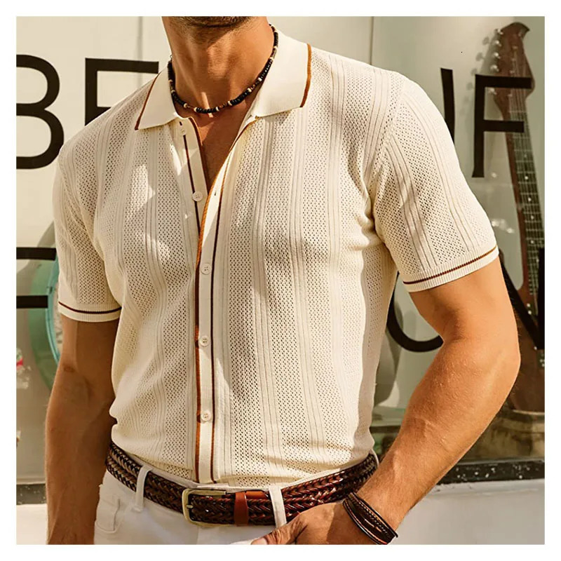 Summer Ice Silk Men Hollow Polo Shirt Breathable Soft Knit Top Mens Shortsleeved Tee Fashion Color Contrast 250520