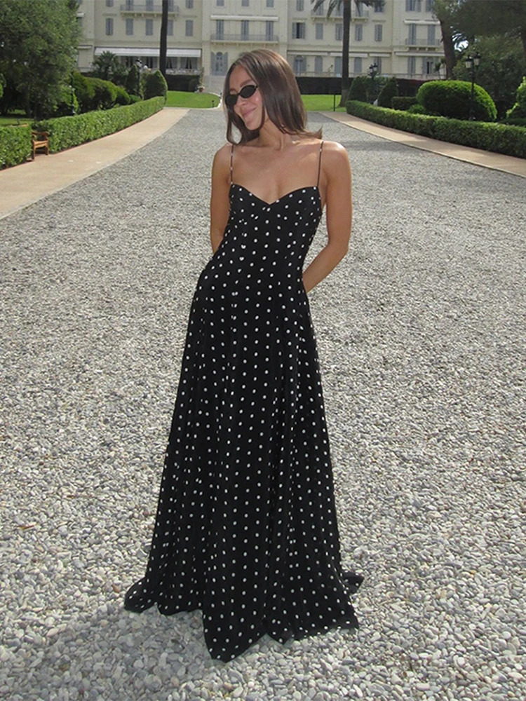 Dot Print Strapless Sling Womens Long Dress Elegant V Neck Sleeveless Pleated Maxi Dresses Female Spring Summer Party Robe 250520